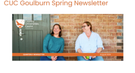 CUC Goulburn Spring Newsletter, August 2025. Two female students smiling and talking while sitting in front of a brick wall on the Country Universities Centre top verandah.